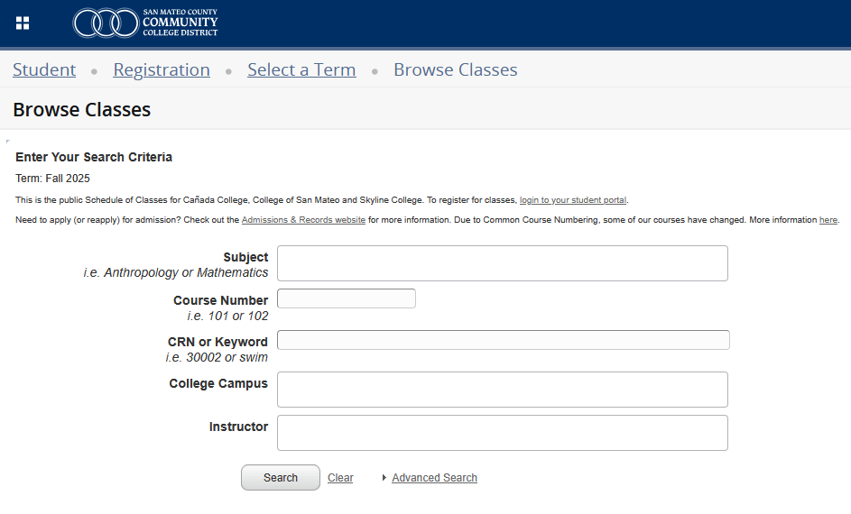 screenshot of Webschedule search