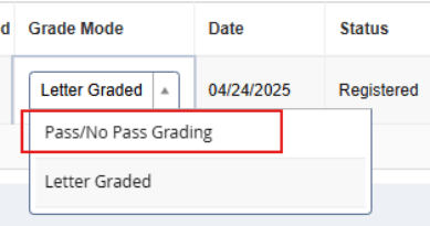 screenshot of registration portal with dropdown for changing grade option