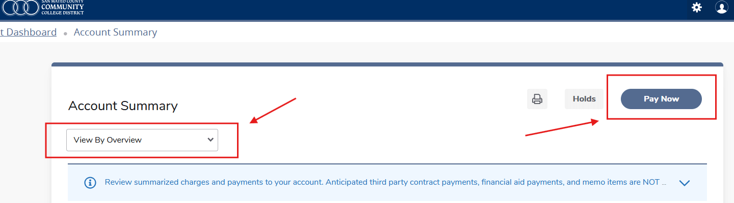 screenshot of student accounts dashboard with options highlighted