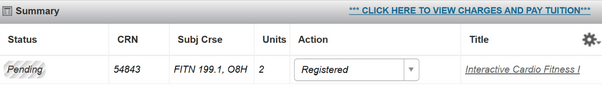 screenshot of course registration screen dropdown showing waitlist pending