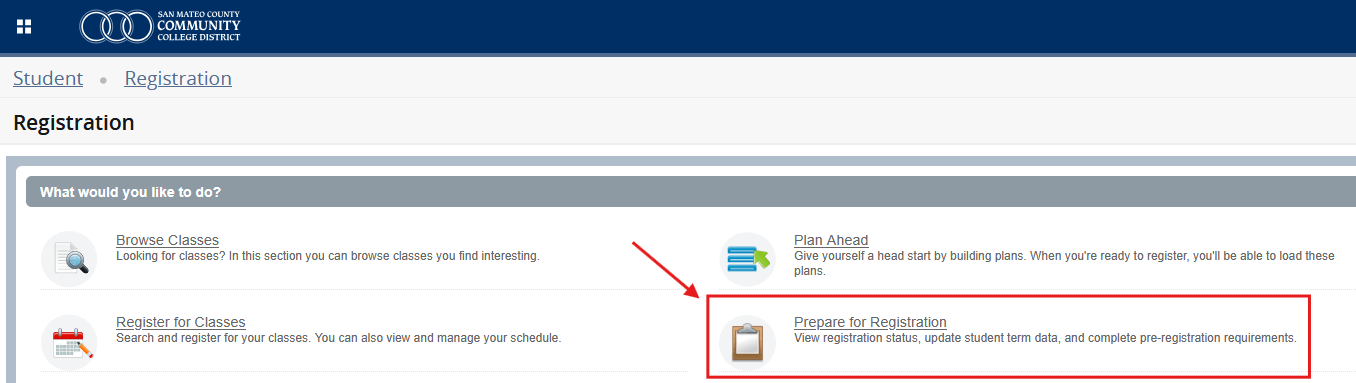 screenshot of registration portal's option to prepare for registration