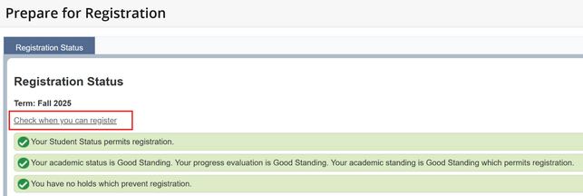 Screenshot of Registration Portal with a red box highlighting the link to check for a registration date