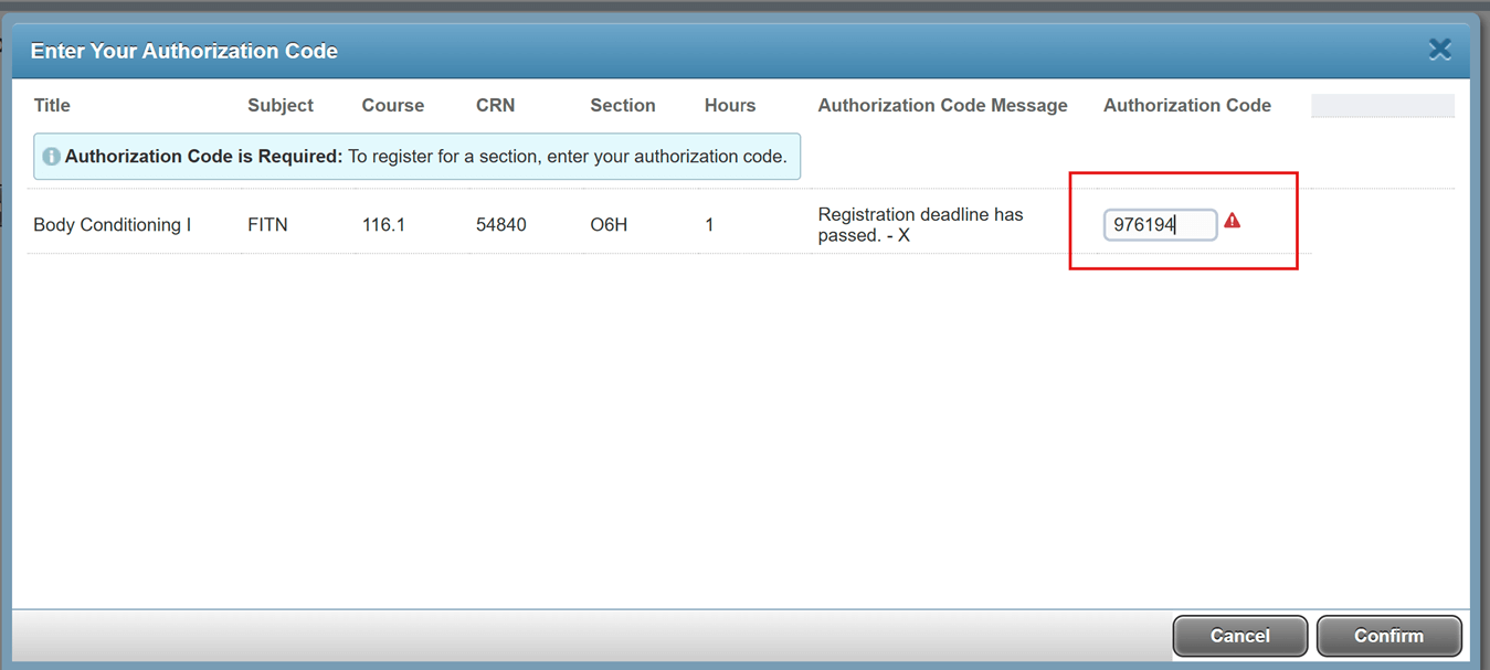 screenshot of pop-up to add class by authorization code