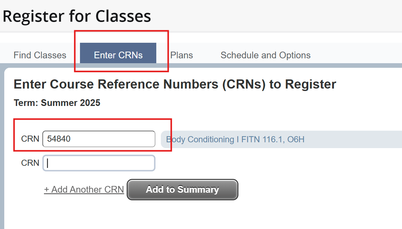screenshot of screen to search for a class by CRN