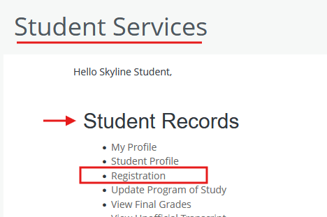 screenshot of student services options
