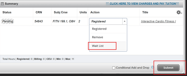screenshot of how to choose to join the waitlist in the registration portal