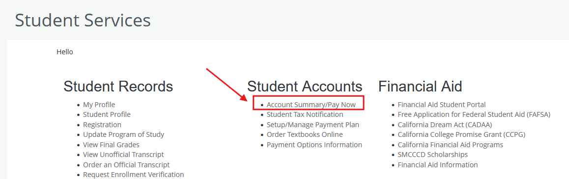 screenshot of student services dashboard with student accounts highlighted