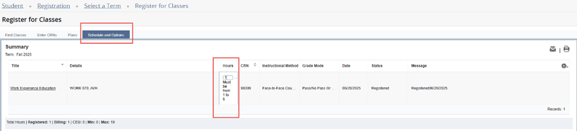 screenshot of registration portal with sections to change hour highlighted