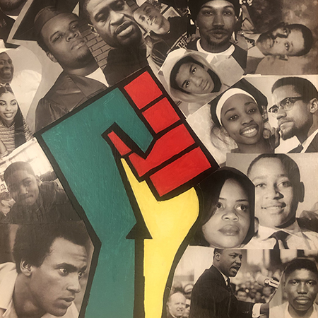 They Mattered by Jasmine Espinoza. Black Power fist icon on top of a collage of sepia tone photographs