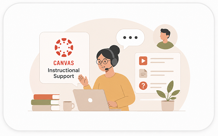 Illustration of an instructor using a laptop with Canvas instructional support resources, including videos, documents, and online assistance.