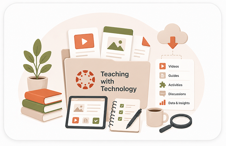 Teaching with technology icon with imagery of books, notebook and pen, a tablet, the cloud leading to Canvas LMS items, and a folder holding icons for videos, images, and documents