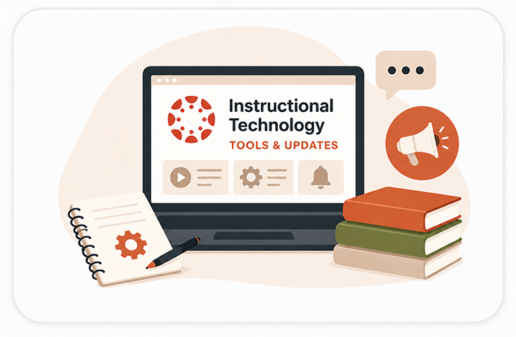 Illustration of a laptop and stack of books representing instructional technology tools, resources, and updates.