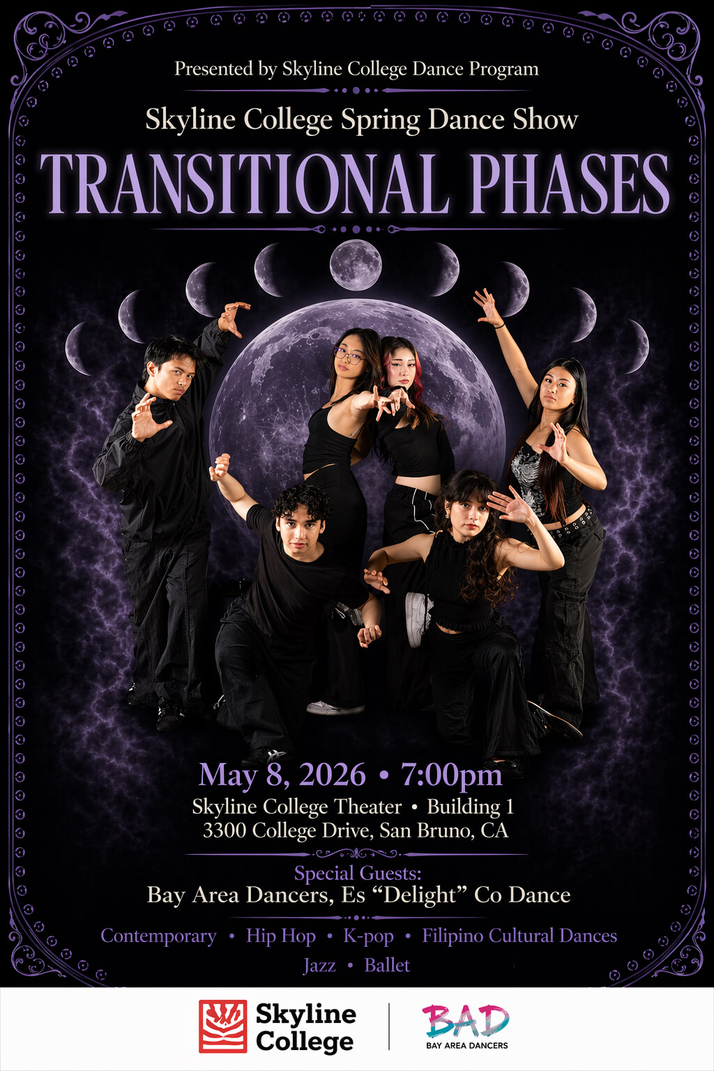 dancers in black pose with phases of the moon. Skyline College Spring Dance Show presents Transitional Phases on May 8, 2026 at 7pm in the Skyline College Theater. Contemporary, Hip Hop, K-pop, Filipino Cultural Dance, Jazz and Ballet
