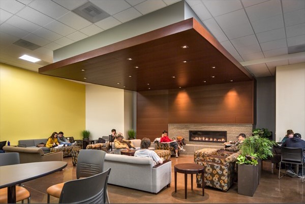 students seated on couches by fireplace