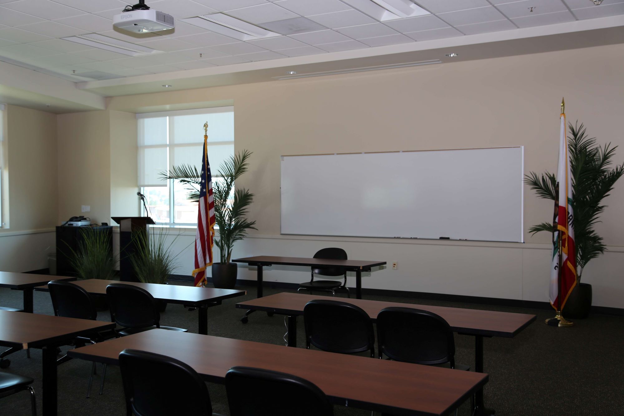 view from student's seat of a classroom with a whiteboard