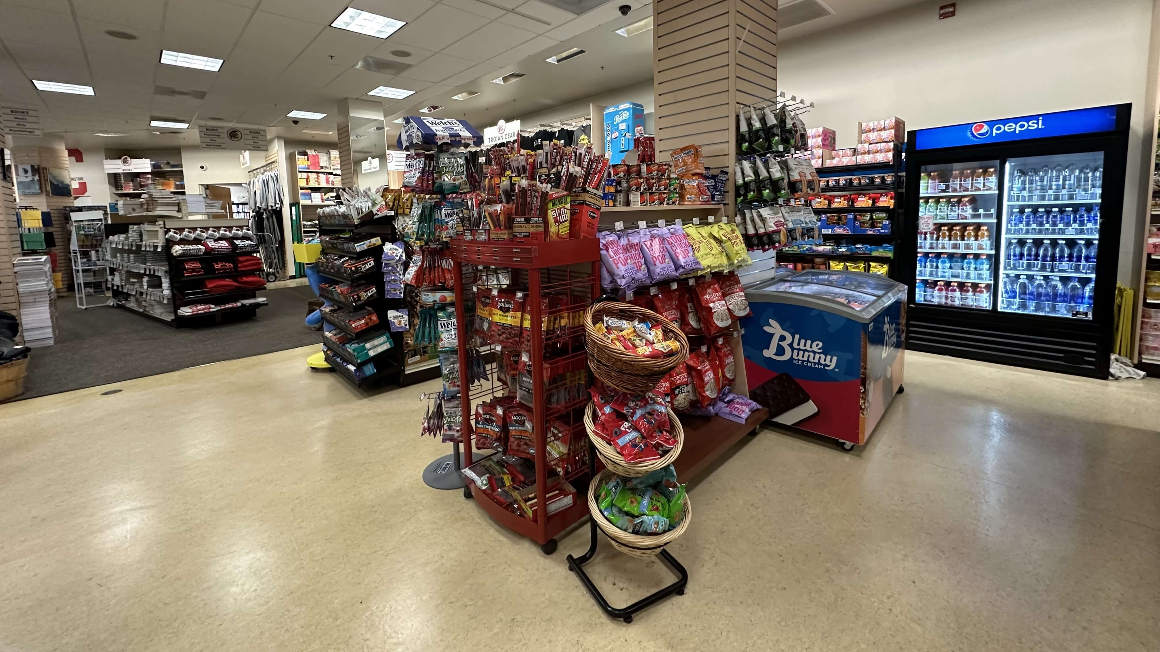snacks and drinks are displayed in the student bookstore