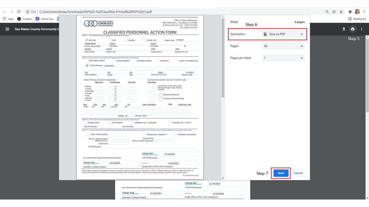 Screenshot demonstrating how to save the form.