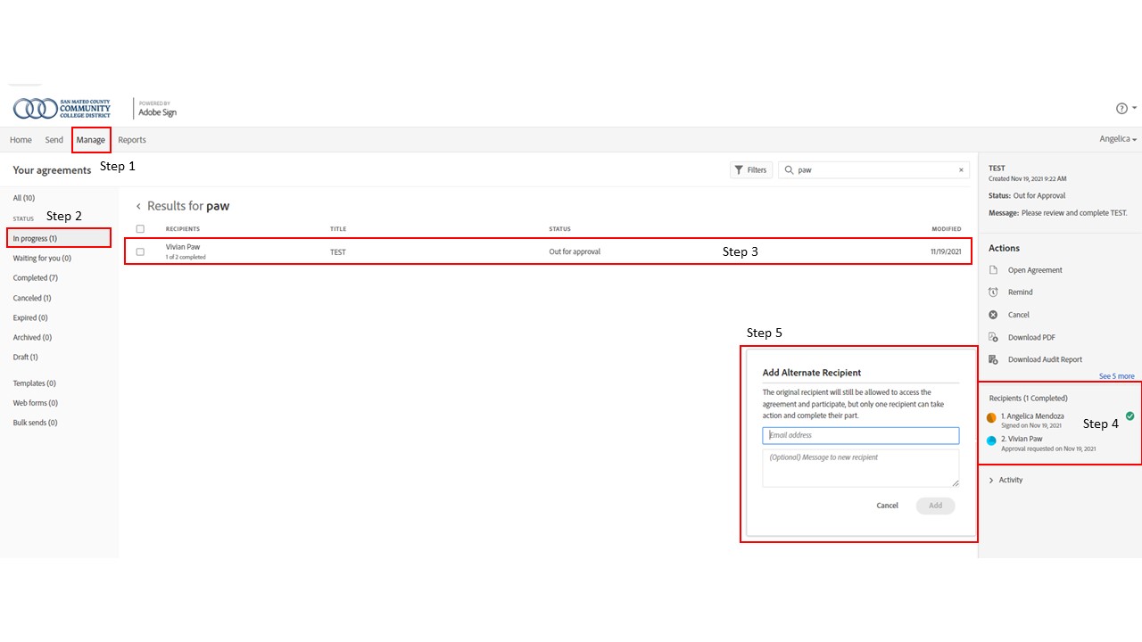 Screenshot demonstrating how to update the recipient.