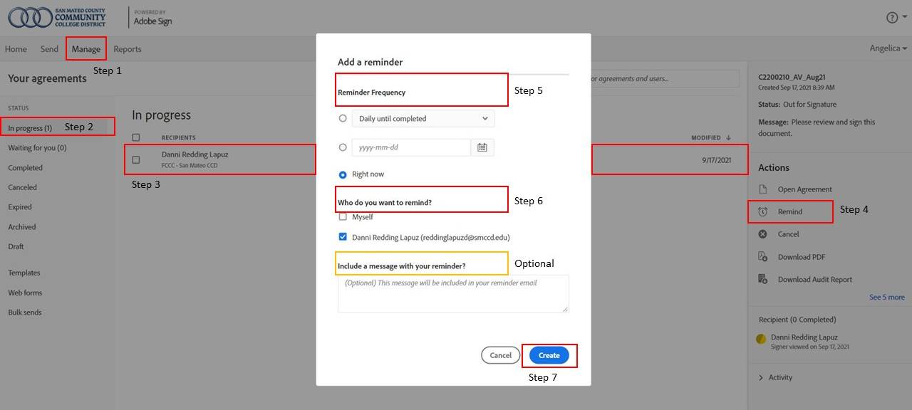 Screenshot demonstrating how to send reminders on Adobe Sign. 