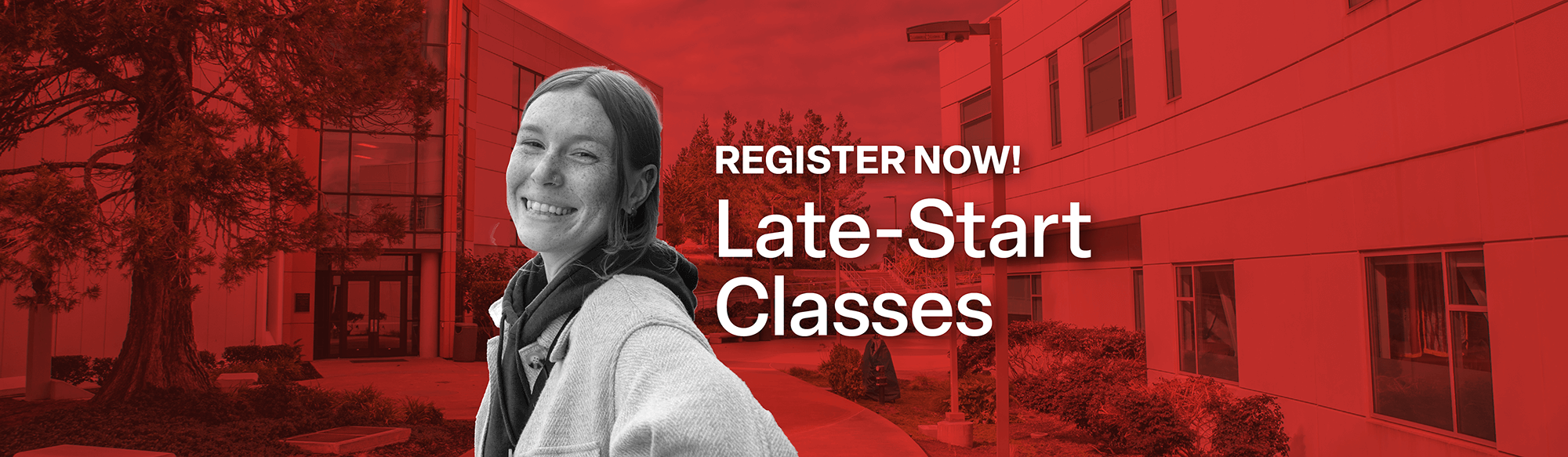 smiling student on a background of the campus quad shaded in the school red. Register now for Fall 2024 Late-Start Classes at Skyline College
