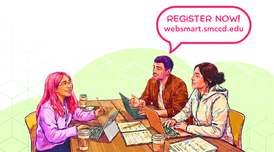register now! Drawn art of happy students sitting around a table