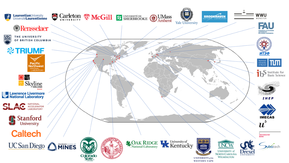 map of the world showing all participating institutions in nEXO: the participating institutions are mostly in North America, with several in Europe, one in Africa, and a few in Asia.